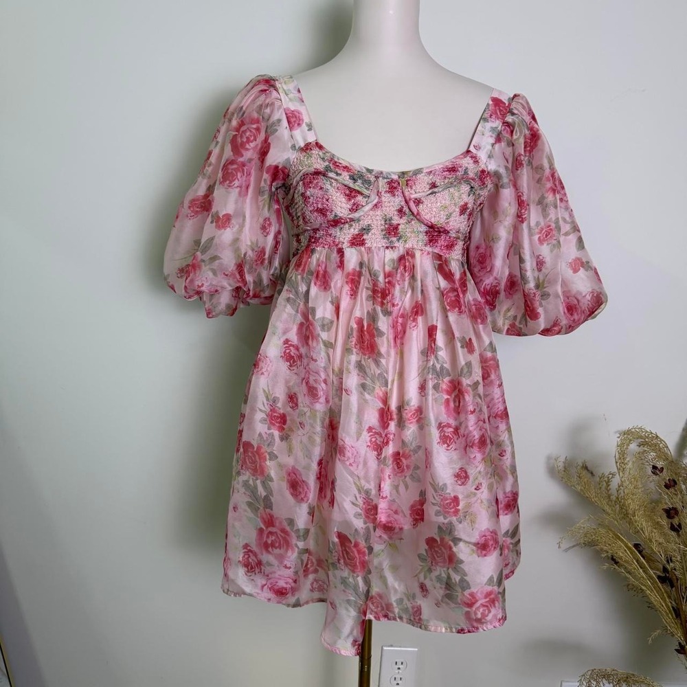 Sofie the Label Size Large Pink Floral Organza Short Puff Sleeve Mini Dress
